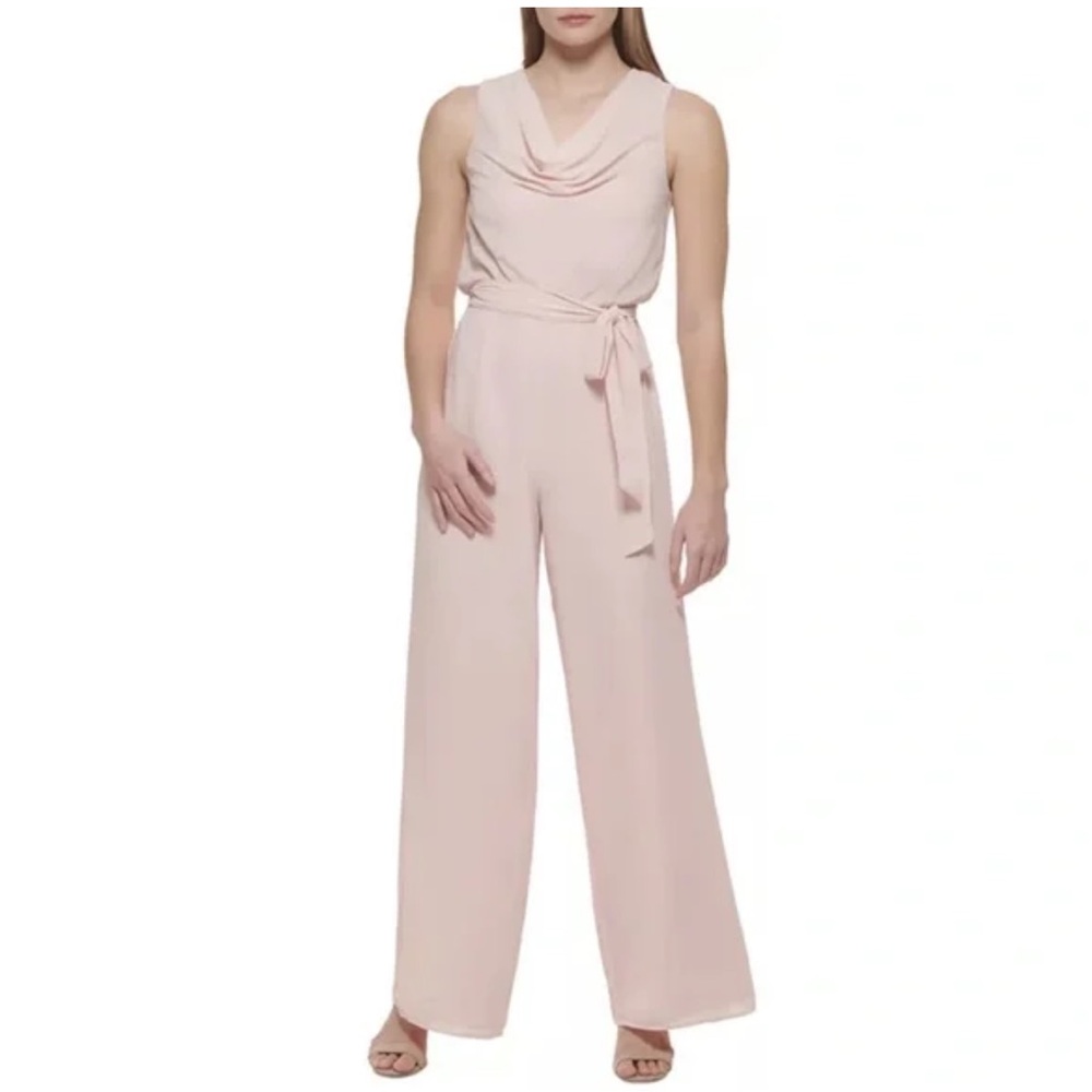 | Vince Camuto Cowl Neck Chiffon Sleeveless Tie Belted Jumpsuit |